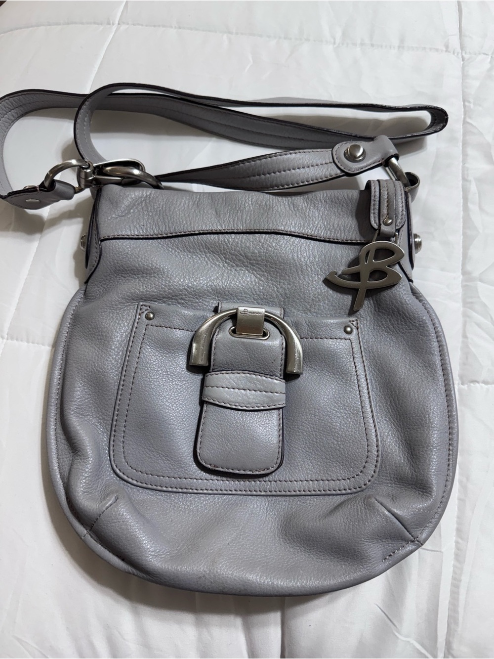 b. makowsky Vintage Light Gray Glove Leather Shoulder Bag with Front Buckle